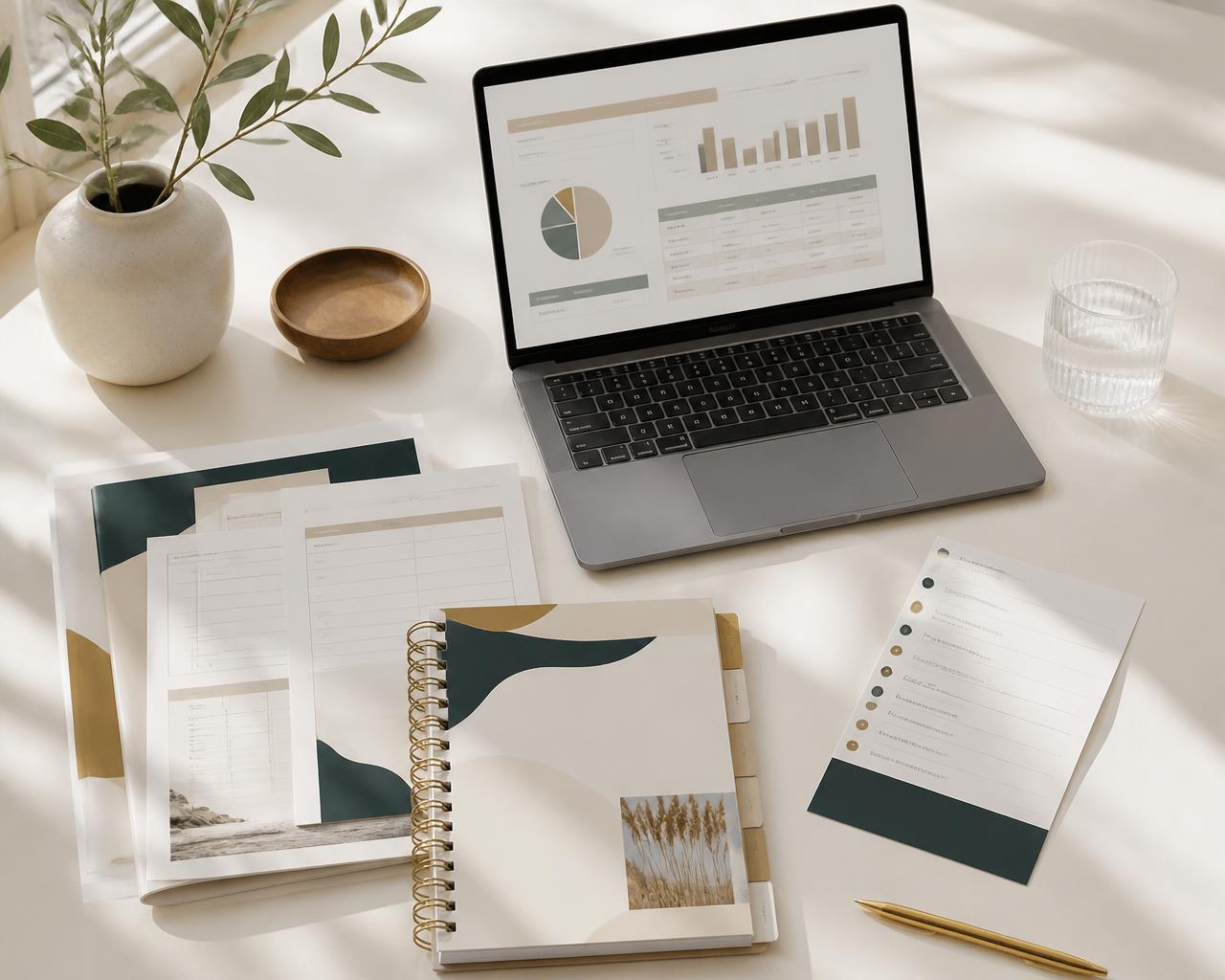 The Agent Workroom worksheets, planner and dashboard laid out on a bright modern desk